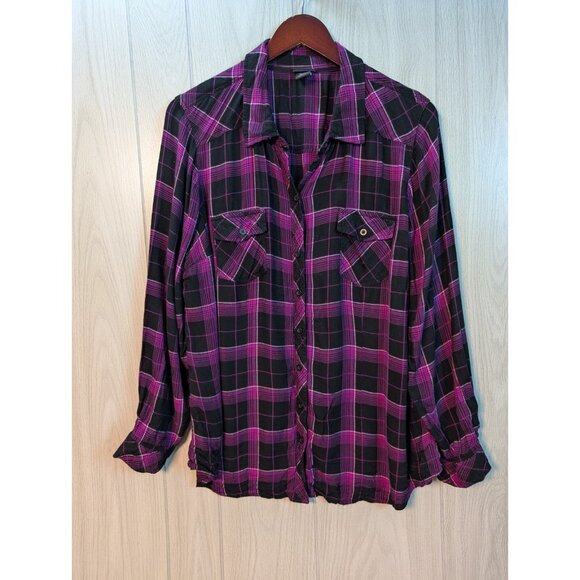 Torrid Plaid Shirt Womens Size 2X Black Purple Button Up Long Sleeve Stud Collar - Picture 1 of 6